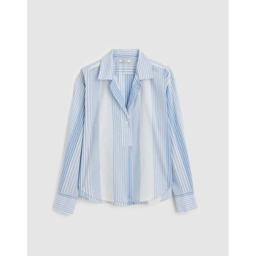 Madewell Notch Collar Popover Shirt Blue White Striped Cotton Blouse Medium
